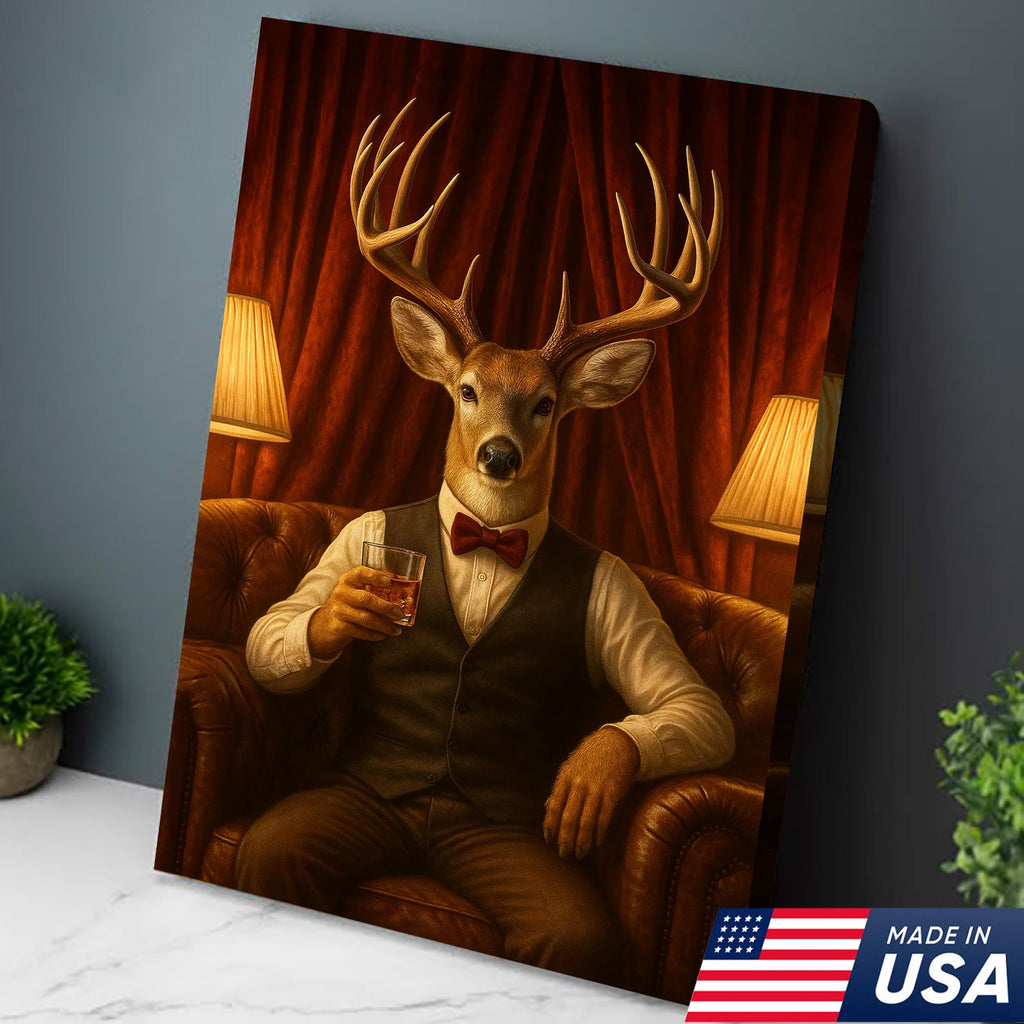Gentleman Deer Canvas Wall Art – Rustic Hunting Lodge Whiskey Decor