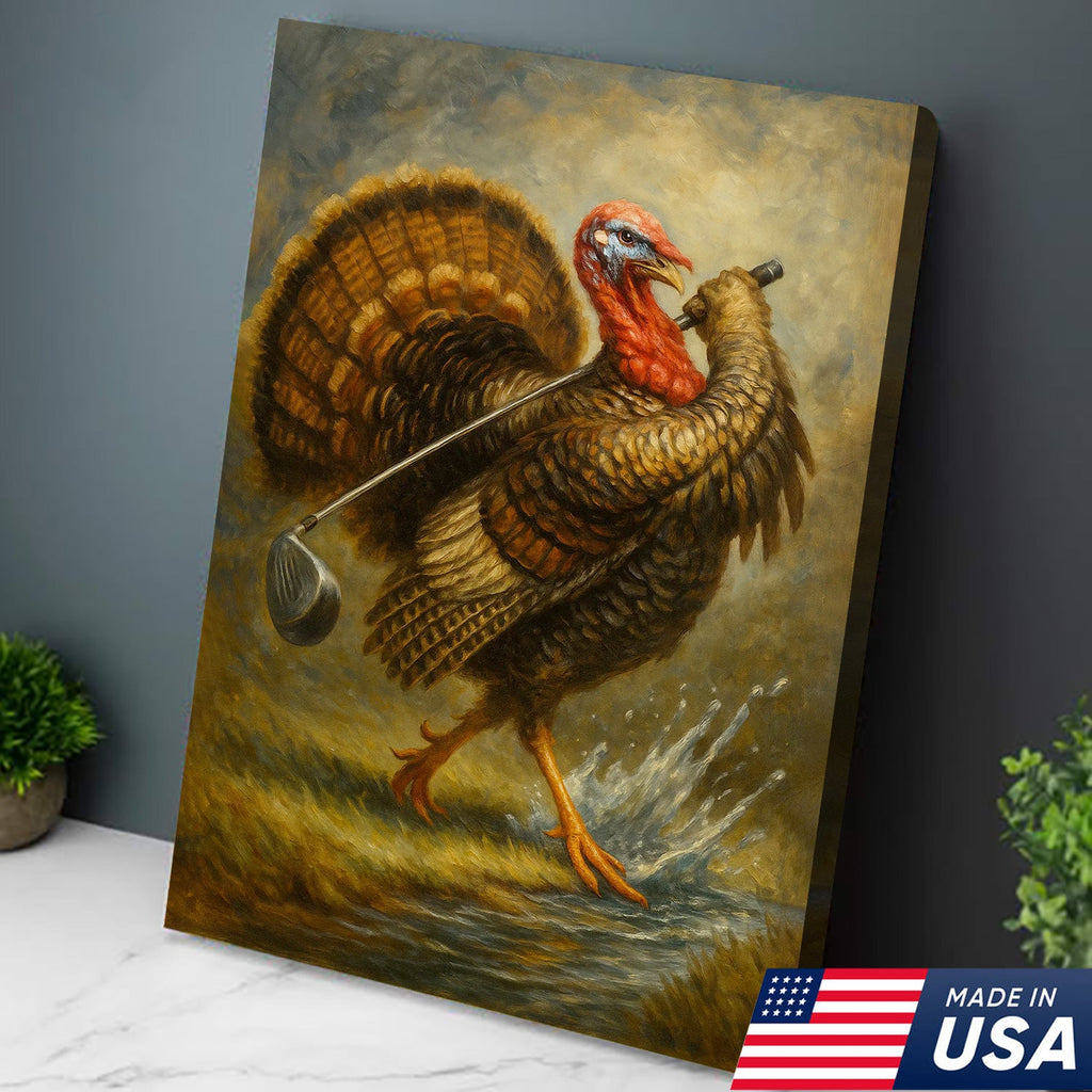 Funny Turkey Playing Golf Canvas Wall Art – Rustic Cabin Lodge Decor, Man Cave & Golfer Gift