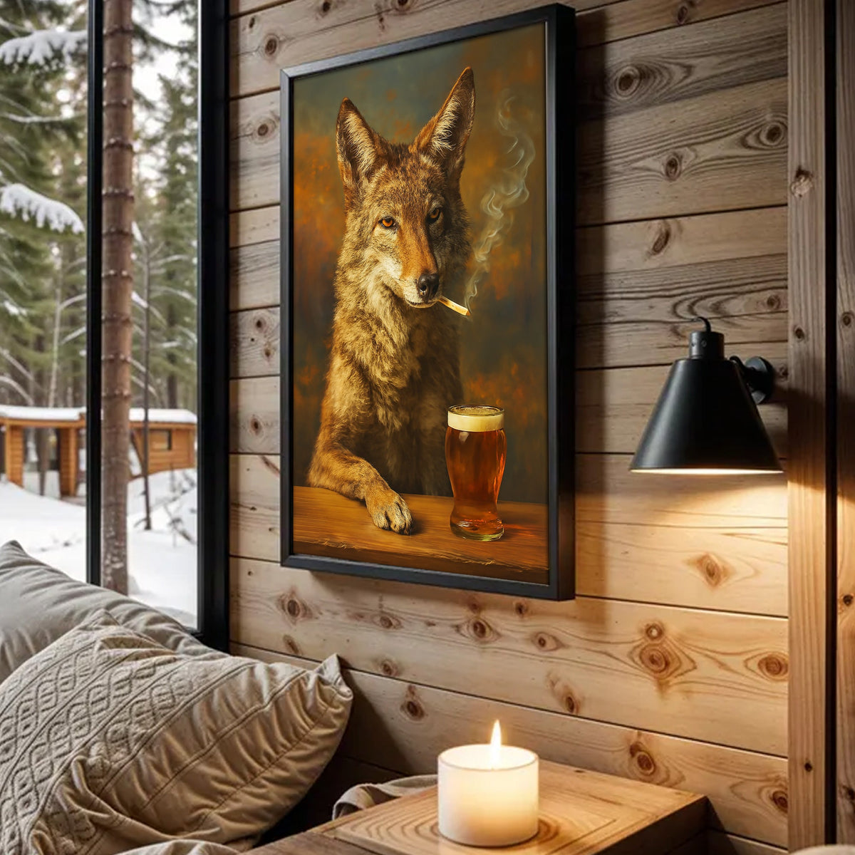 Smoking Wolf Coyote with Cocktail Glasses Canvas – Funny Hunting Wall Art for Man Caves