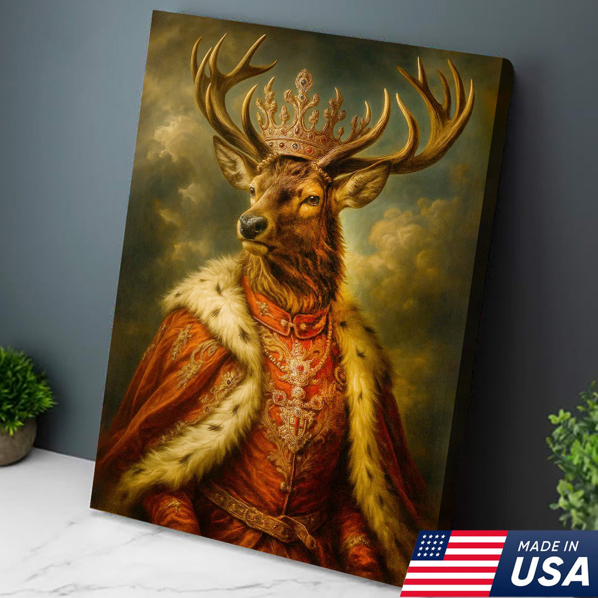 Royal Stag King Canvas Wall Art – Crowned Deer Portrait, Vintage Baroque Animal Print