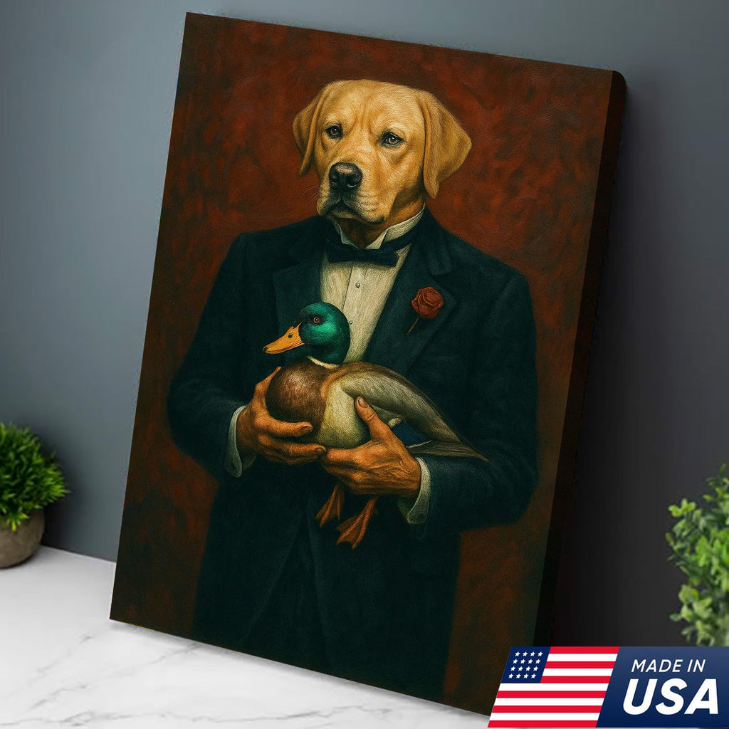 Yellow Labrador Retriever Canvas Wall Art – Distinguished Dog in Tuxedo Holding Mallard Duck