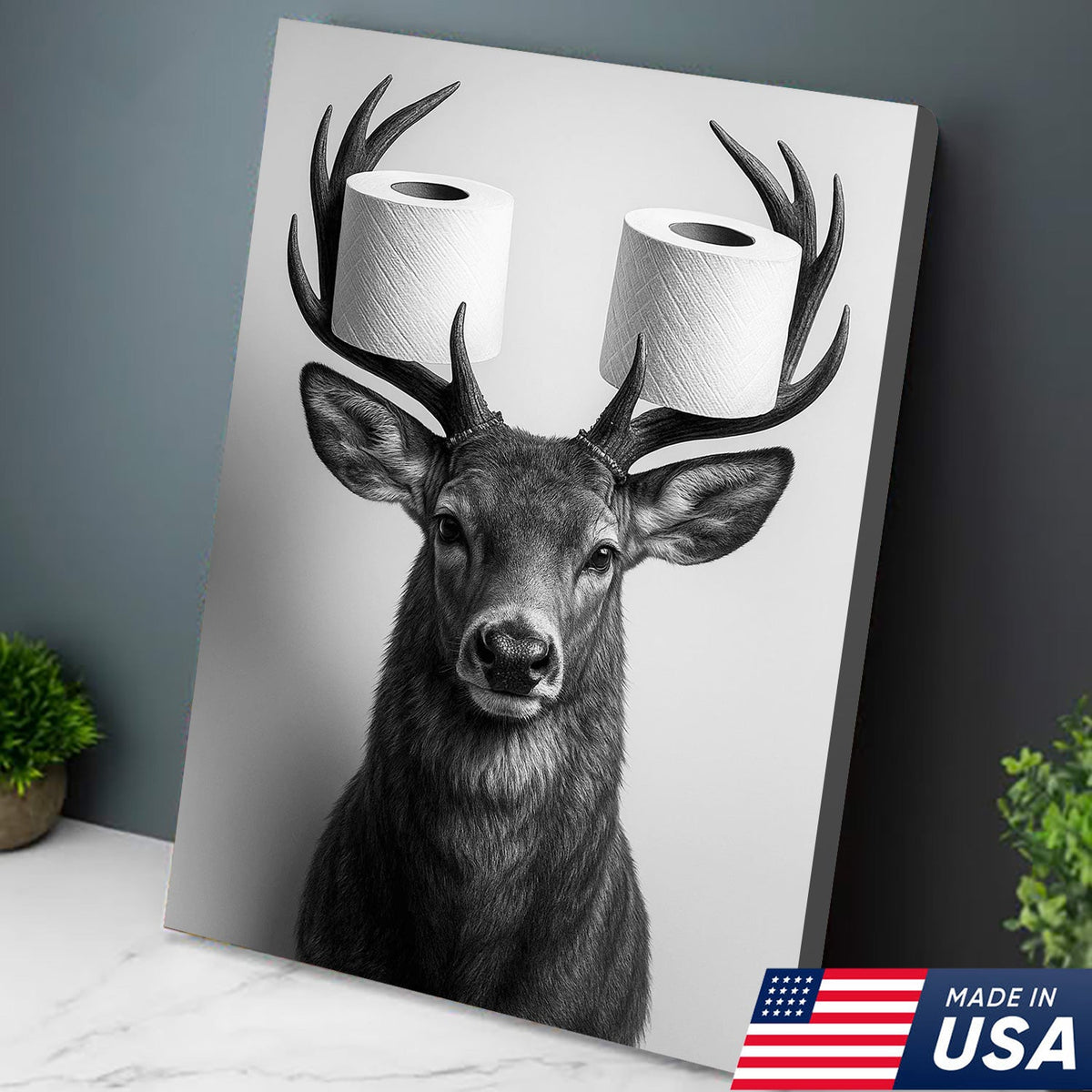 Deer Canvas Wall Art - Funny Animal Portrait with Toilet Paper on Antlers