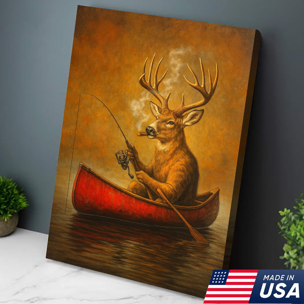 Funny Mule Deer Fishing Canvas Wall Art, Rustic Cabin & Lodge Decor for Hunters