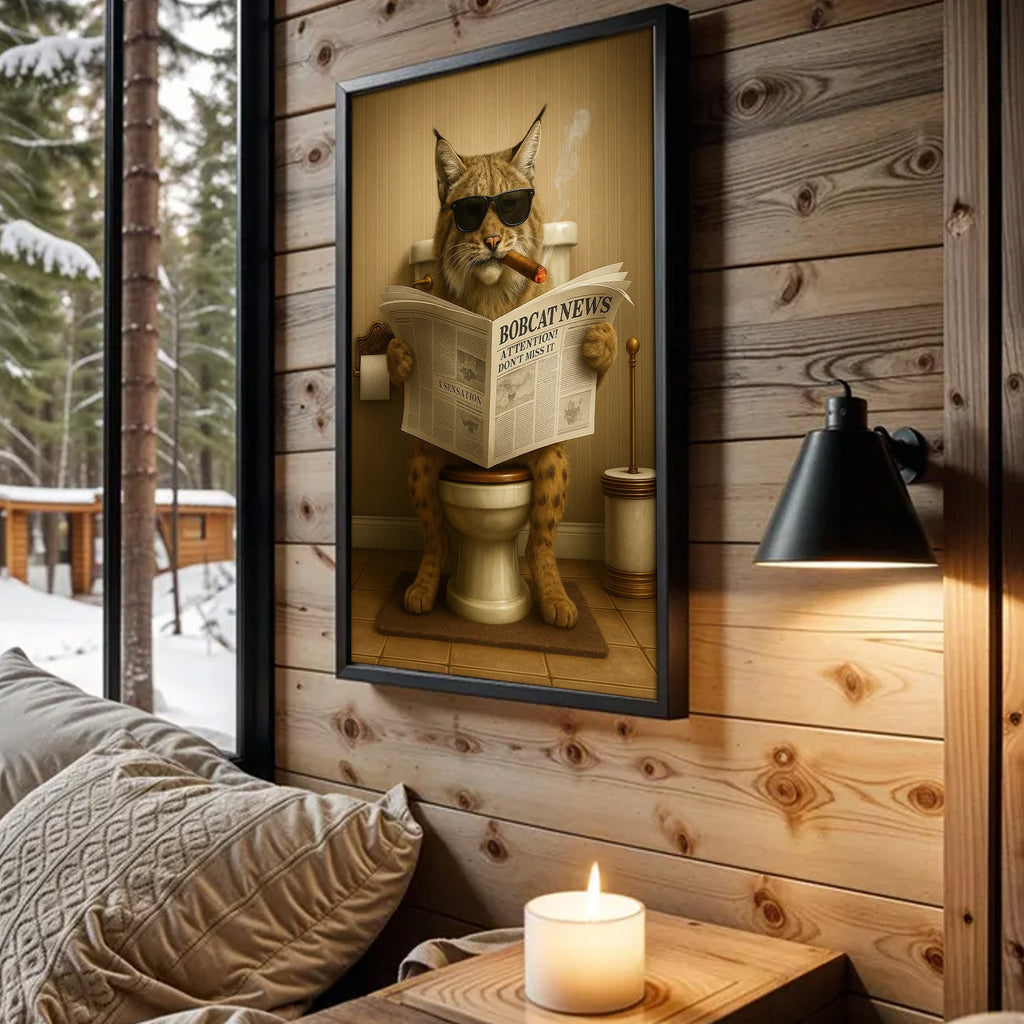 Funny Bobcat Bathroom Wall Art – Rustic Wildlife Decor for Men, Hunting Cabin Canvas
