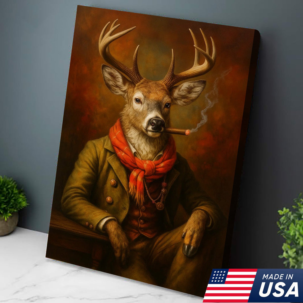 Vintage Deer Canvas Wall Art - Gentleman Stag with Smoking Wall Decor – Rustic Hunting Lodge