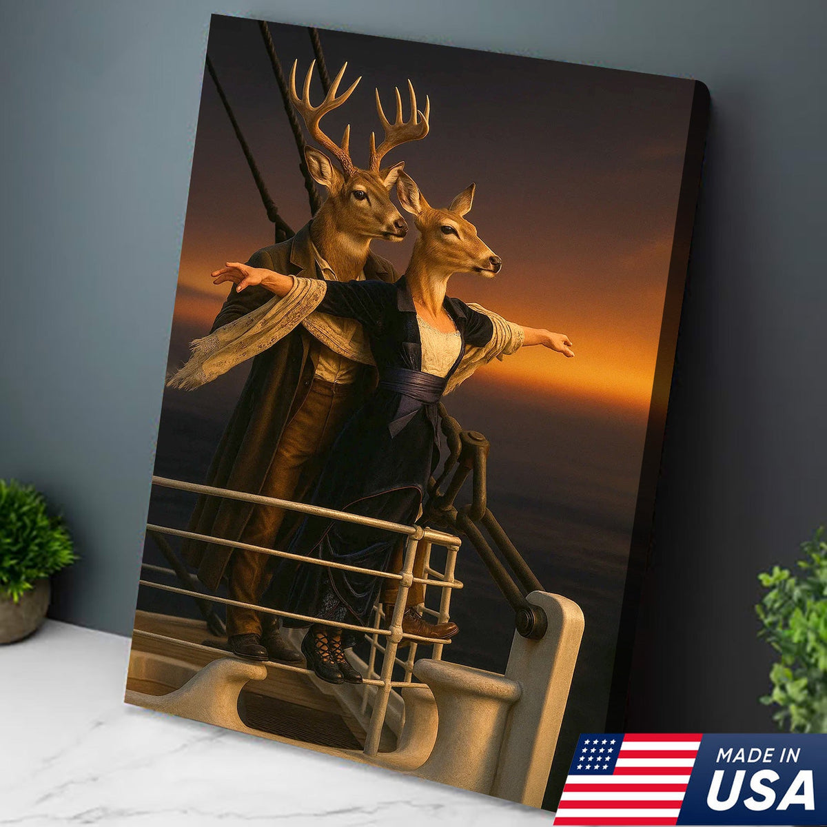Romantic Deer Canvas Wall Art – Buck and Doe Cinematic Scene Sunset