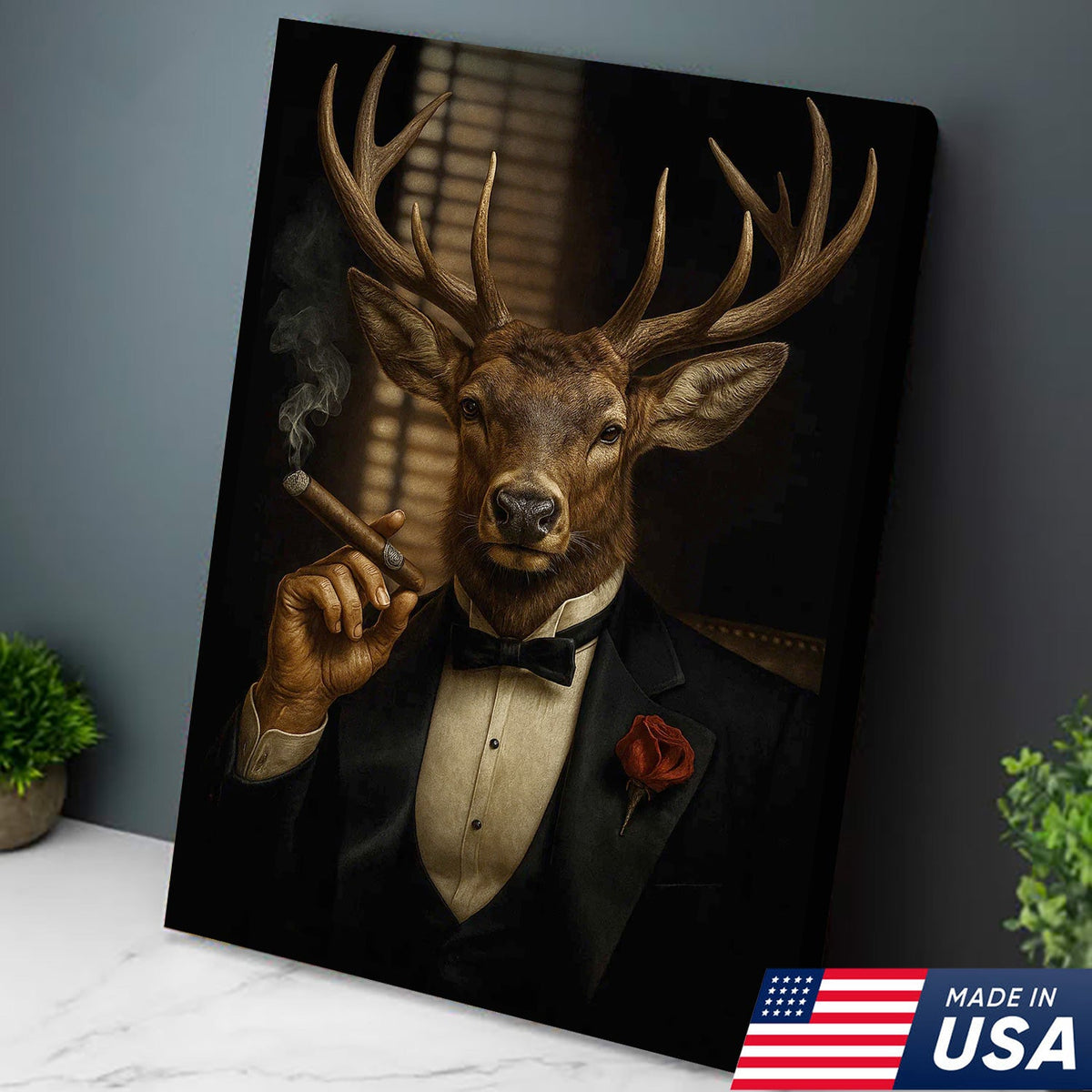 Deer in Tuxedo Canvas Wall Art – Elegant Deer Portrait, Vintage Noir Animal Print