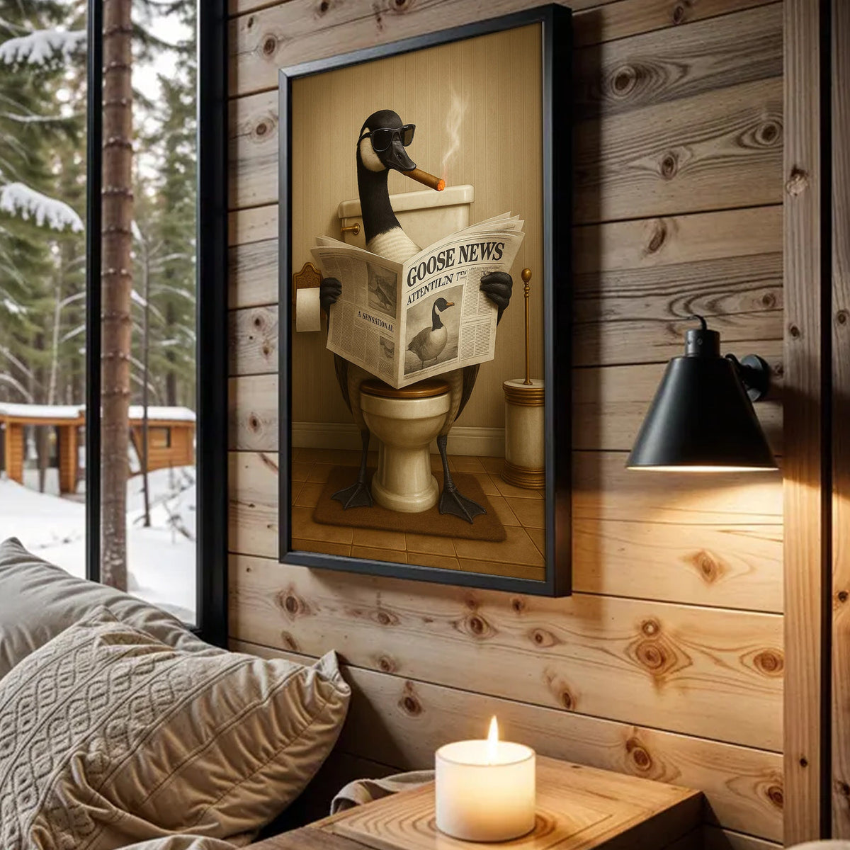 Funny Goose Read Newspaper Bathroom Canvas Wall Art – Hunting Wildlife Animal Canvas