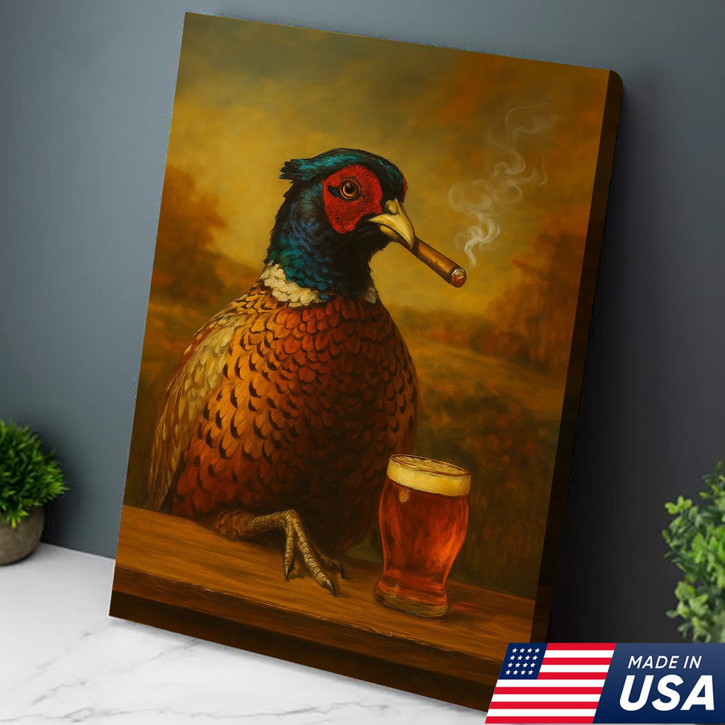 Pheasant With Smoking & Cocktail Glasses Canvas – Hunting Lodge Decor Perfect Gift for Hunters