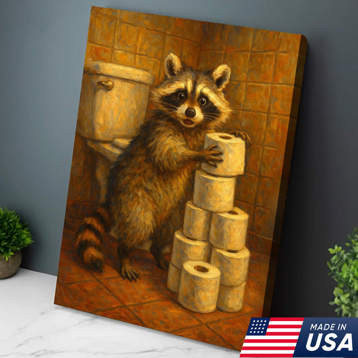 Funny Raccoon Canvas Wall Art – Cute Animal Bathroom Decor with Toilet Paper