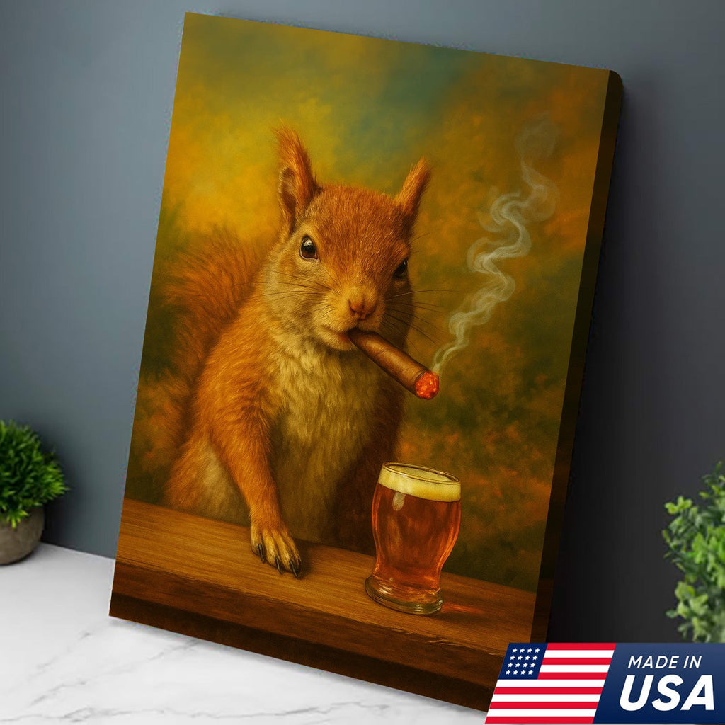 Funny Squirrel Smoking and Drinking Cocktail Glasses Canvas Wall Art – Quirky Cabin Decor