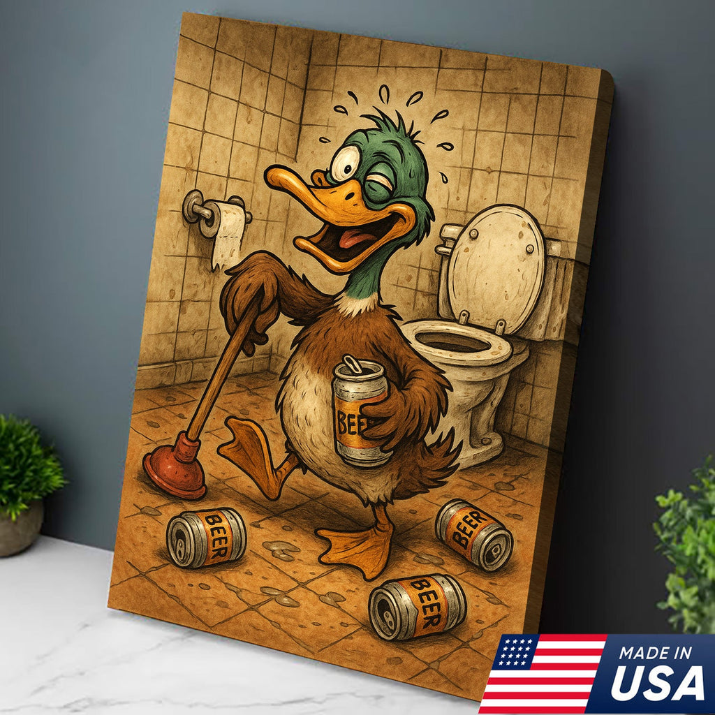 Funny Duck Canvas Wall Art – Hilarious Bathroom Decor with Soda Cans and Plunger