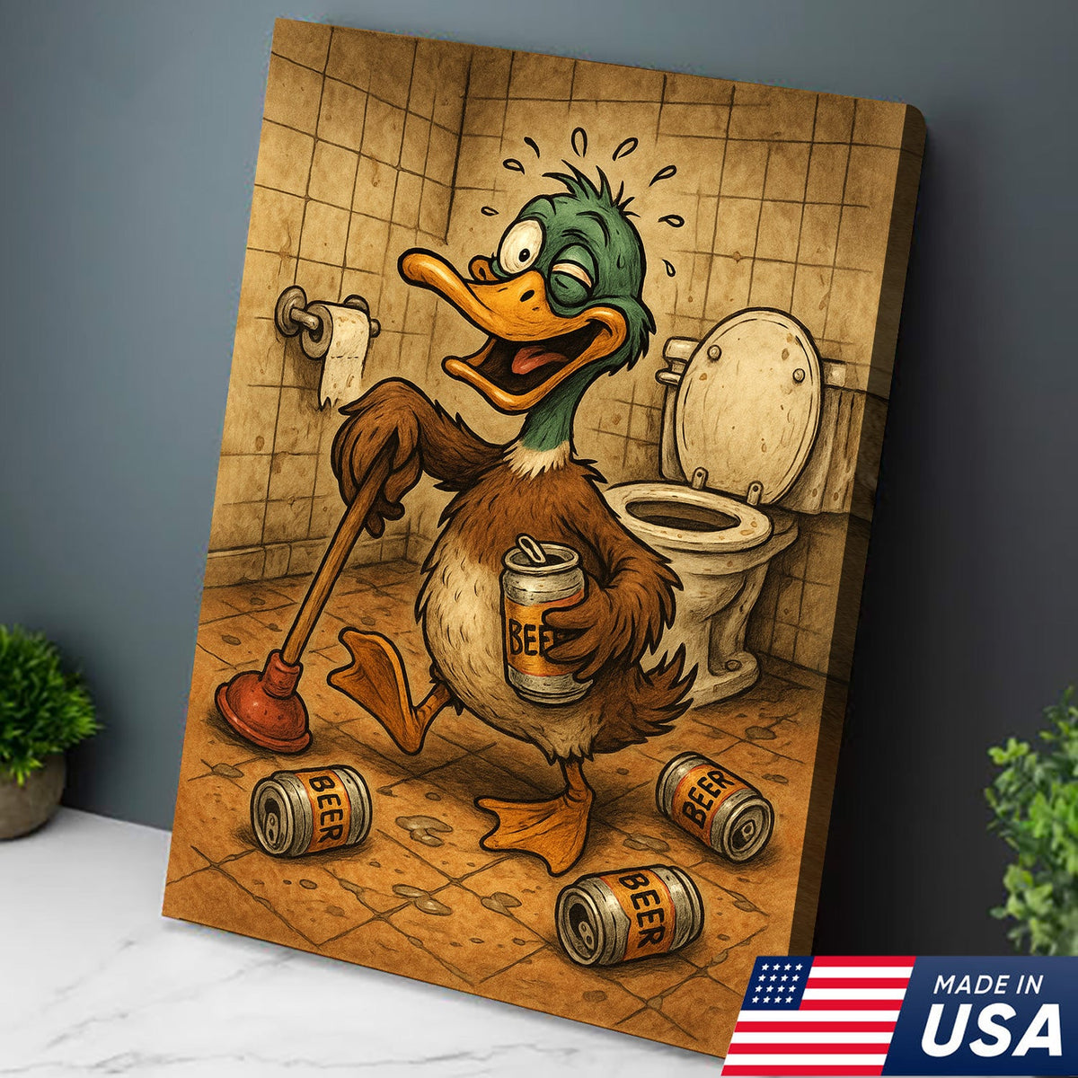 Funny Duck Canvas Wall Art – Hilarious Bathroom Decor with Soda Cans and Plunger