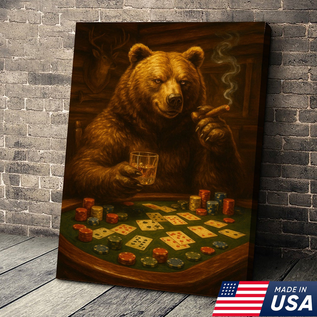 Rustic Bear Poker Canvas Wall Art – Funny Animal Playing Cards Decor