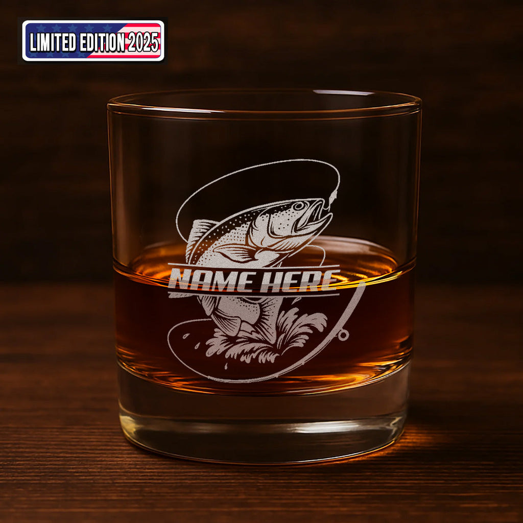 Custom Name Trout Fishing Whiskey Glass – Personalized Engraved Fly Fisherman Gift