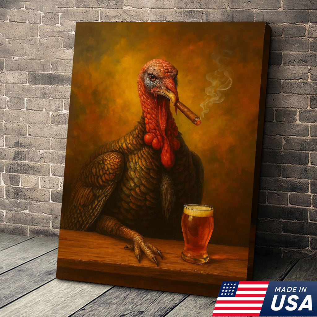 Funny Turkey Drinking Cocktail Glasses and Smoking Canvas – Rustic Farmhouse Wall Art
