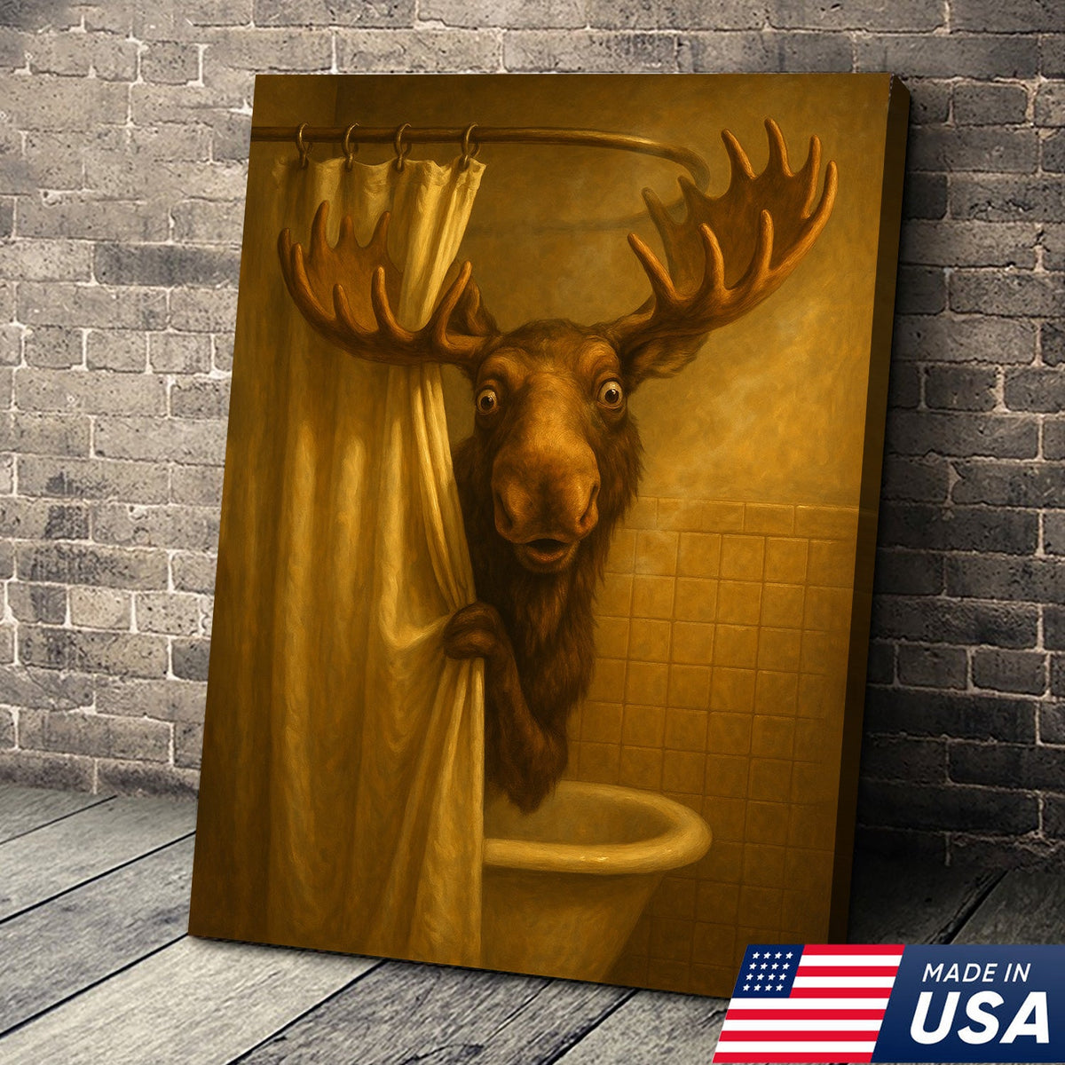 Funny Moose Bathroom Canvas Wall Art – Rustic Lodge Cabin Decor for Bathroom