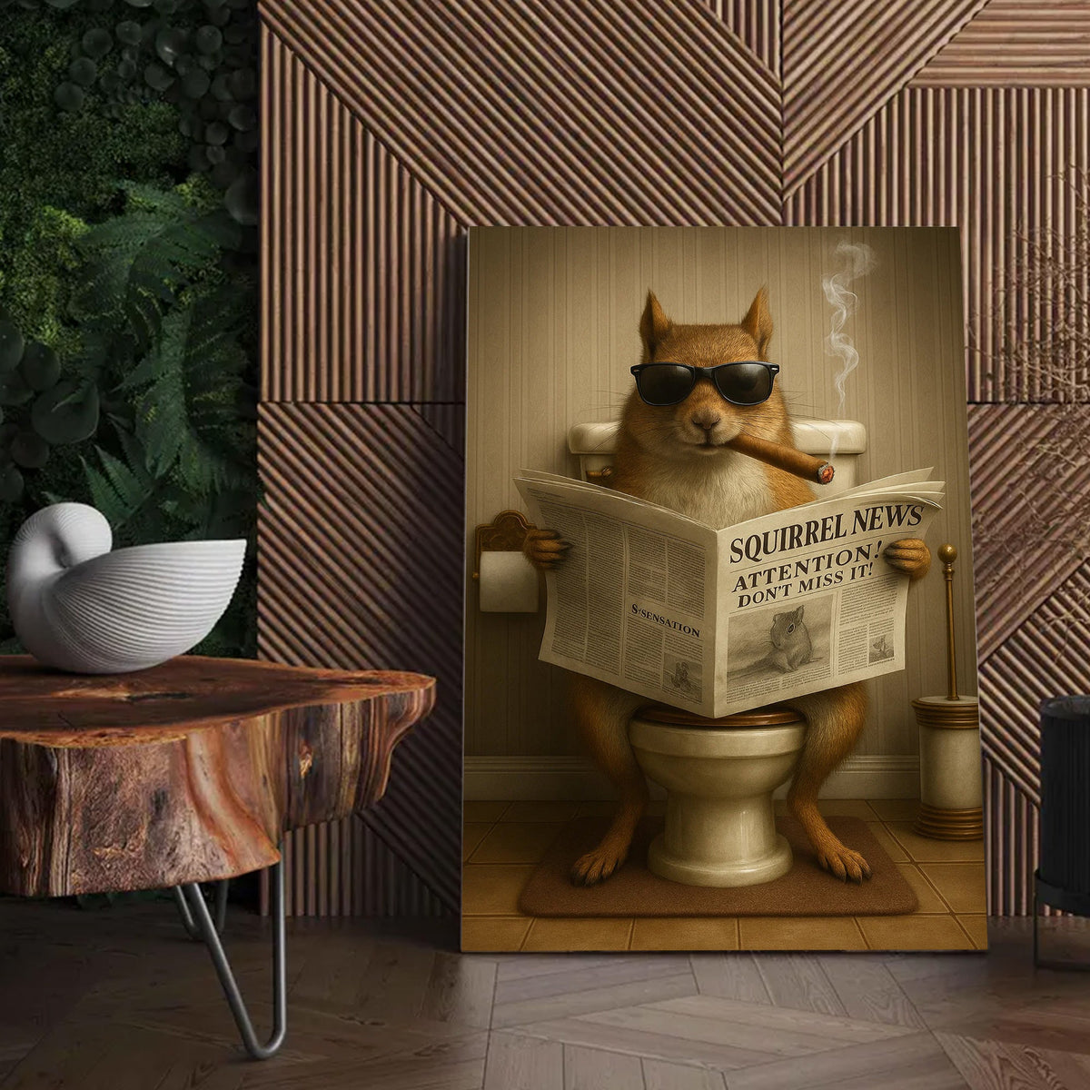 Squirrel Reading News Smoking Bathroom Wall Art – Rustic Decor for Men, Hunting Cabin Canvas