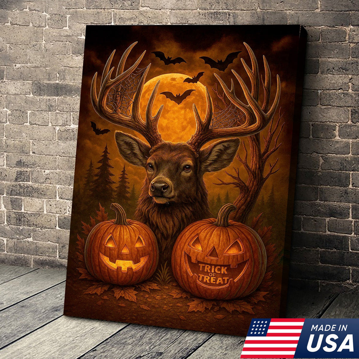 Trophy Buck Halloween Canvas Wall Art – Spooky Deer with Pumpkins and Full Moon Decor