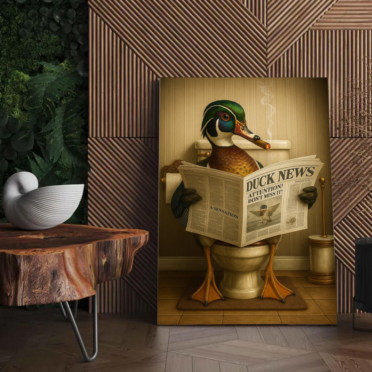 Funny Wood Duck Read Newspaper Bathroom Canvas – Hunting Wildlife Animal Canvas