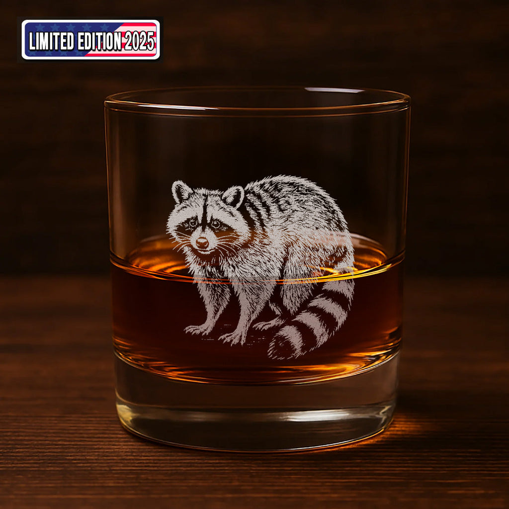 Wildlife Raccoon Engraved Whiskey Glass – Custom Rocks Glass Gift for Hunters & Wildlife Lovers