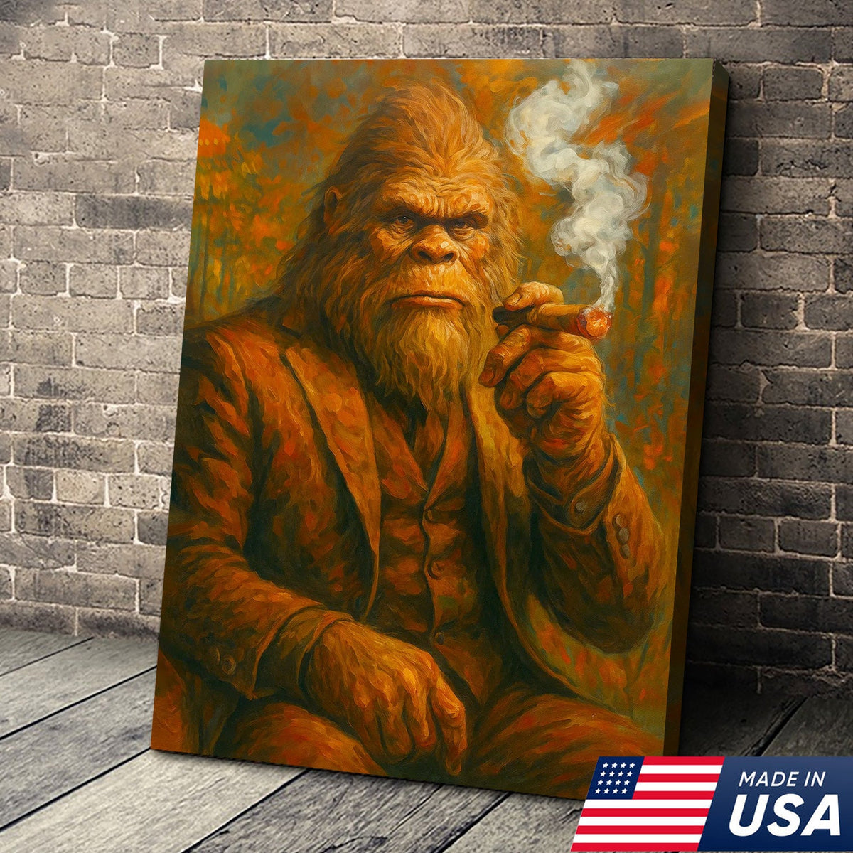 Bigfoot Smoking Canvas, Sasquatch Wall Art Print for Man Cave, Rustic Cabin