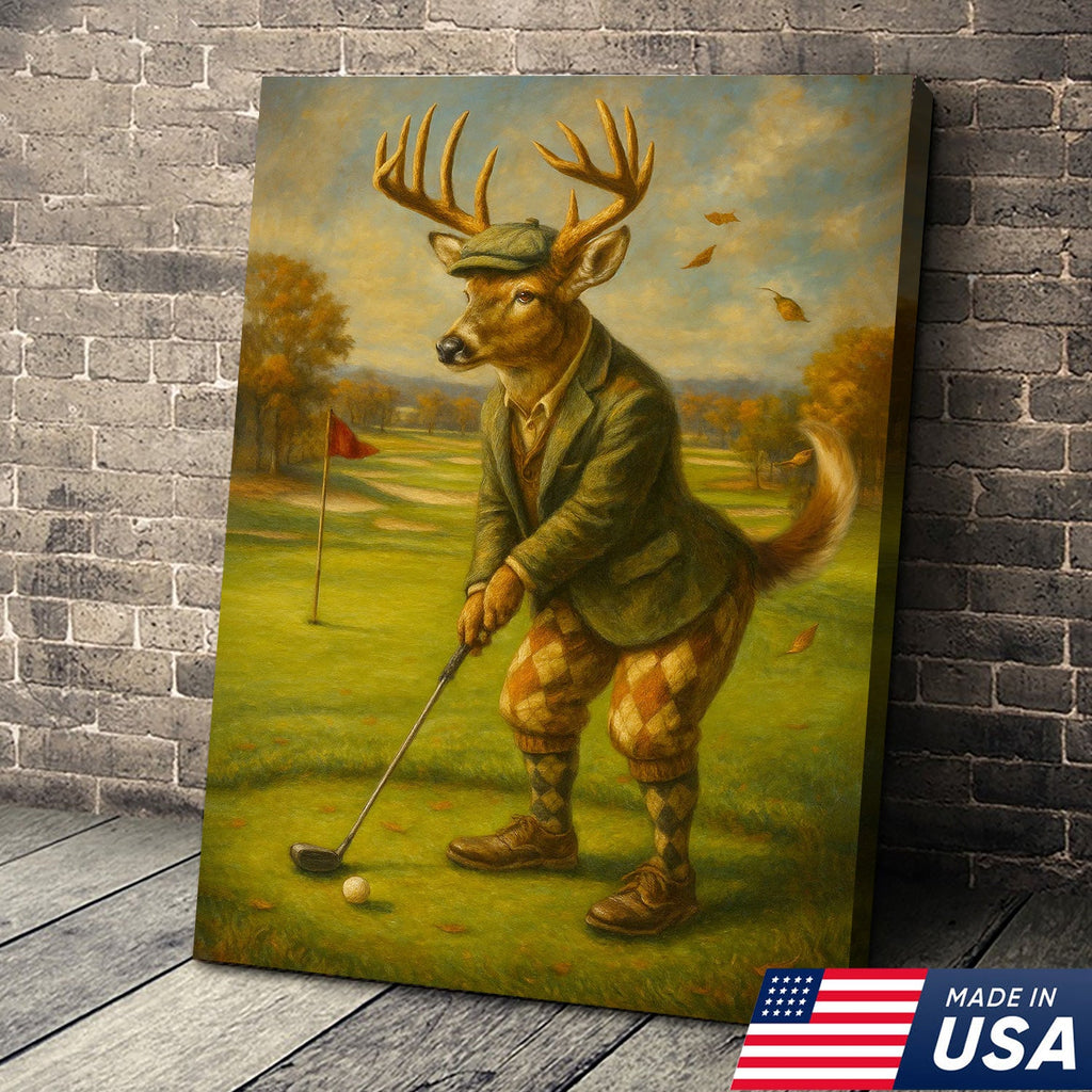 Vintage Deer Golfer Canvas Print – Rustic Funny Lodge Wall Art, Man Cave & Cabin Gift USA