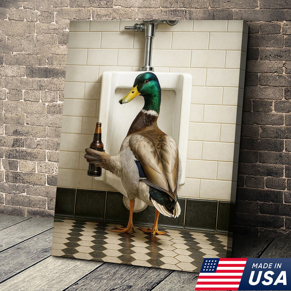 Funny Mallard Duck Holding Beer Bathroom Canvas – Duck at Urinal Wall Art, Rustic Cabin