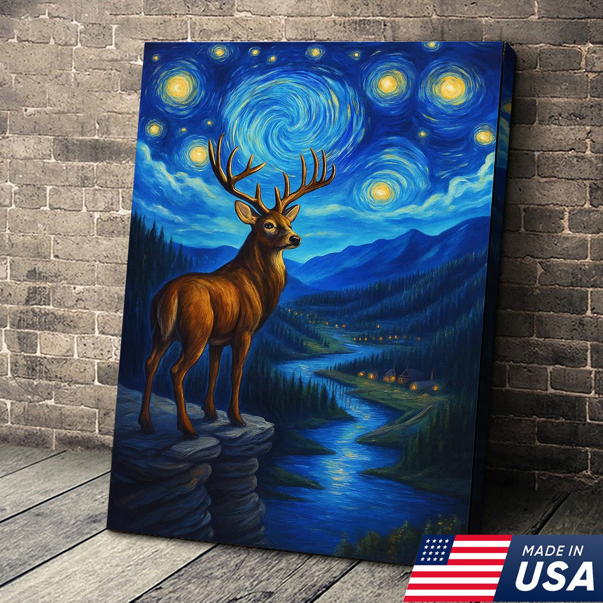 Starry Night Deer Wall Art – Mountain River Landscape Canvas - Hunter Gift for Men Women
