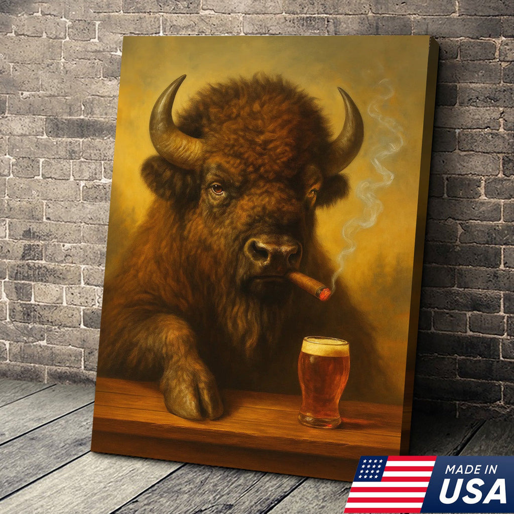 Funny Bison Smoking & Drinking Canvas Wall Art - Rustic Bar & Hunting Lodge Decor
