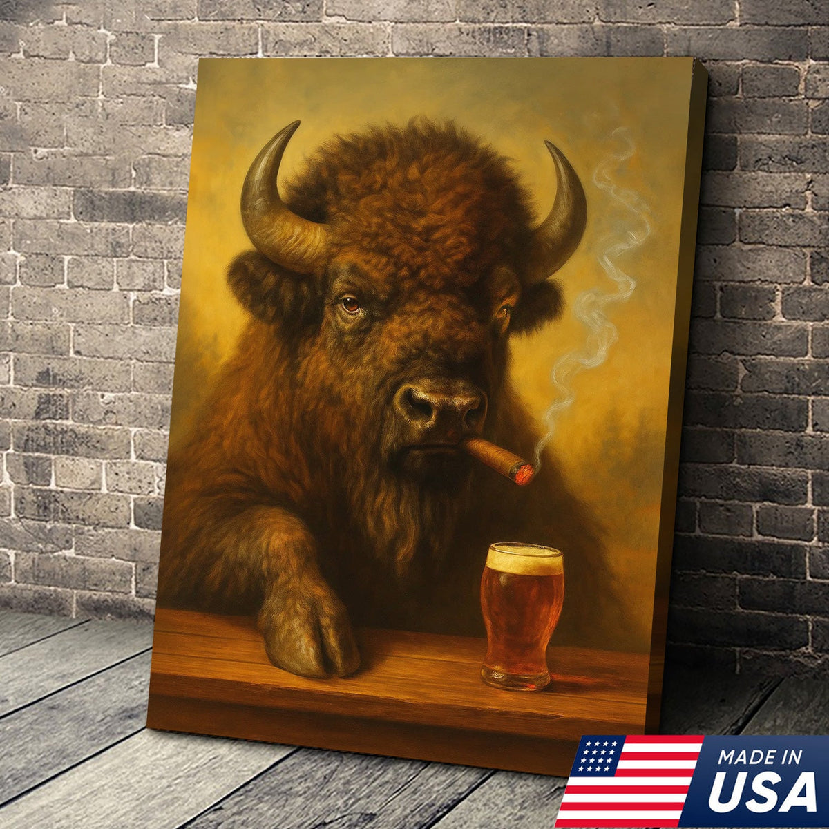 Funny Bison Smoking & Drinking Canvas Wall Art - Rustic Bar & Hunting Lodge Decor