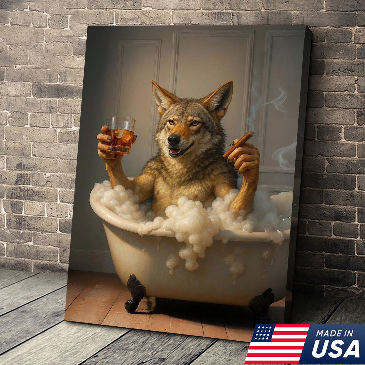 Wolf Coyote Chilling in Bubble Bath Canvas Wall Art – Whimsical Bathroom Decor