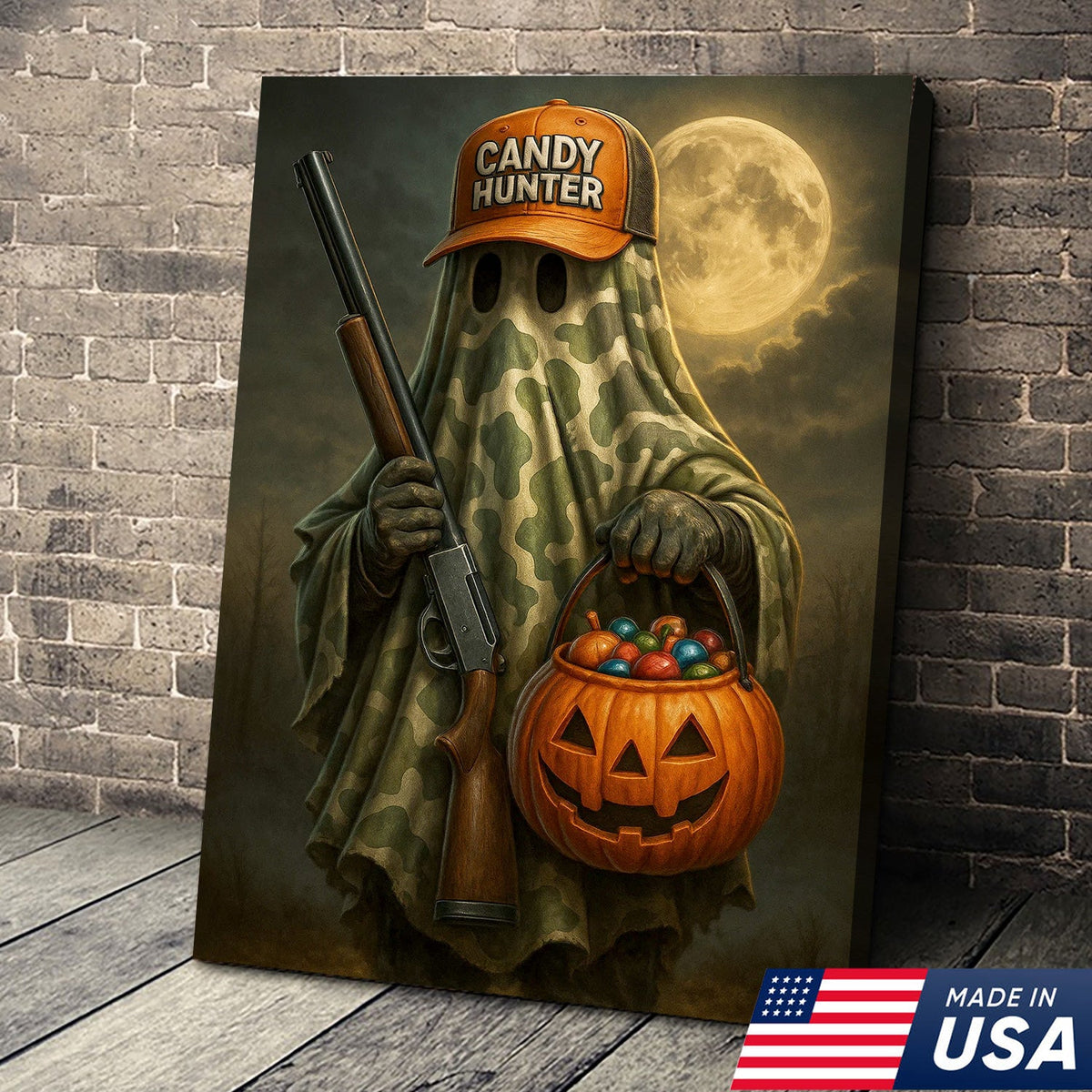 Candy Hunter Halloween Canvas Wall Art – Camouflage Ghost with Shotgun