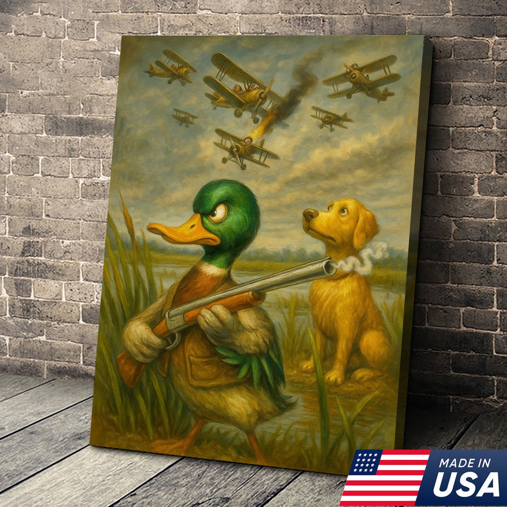 Funny Duck with Shotgun Canvas Wall Art – Hunting Dog & Airplane Battle Rustic Decor