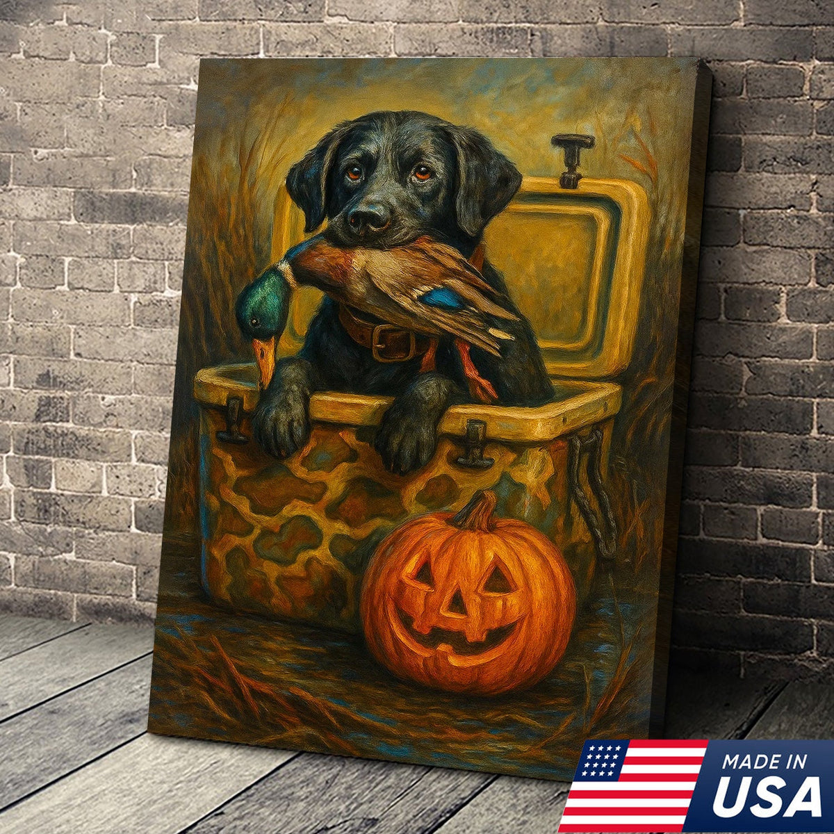 Labrador Retriever Hunting Dog Canvas Wall Art – Black Lab with Duck and Halloween Pumpkin Decor
