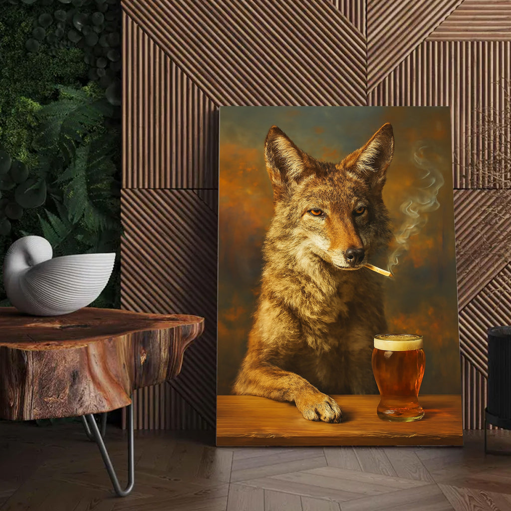 Smoking Wolf Coyote with Cocktail Glasses Canvas – Funny Hunting Wall Art for Man Caves