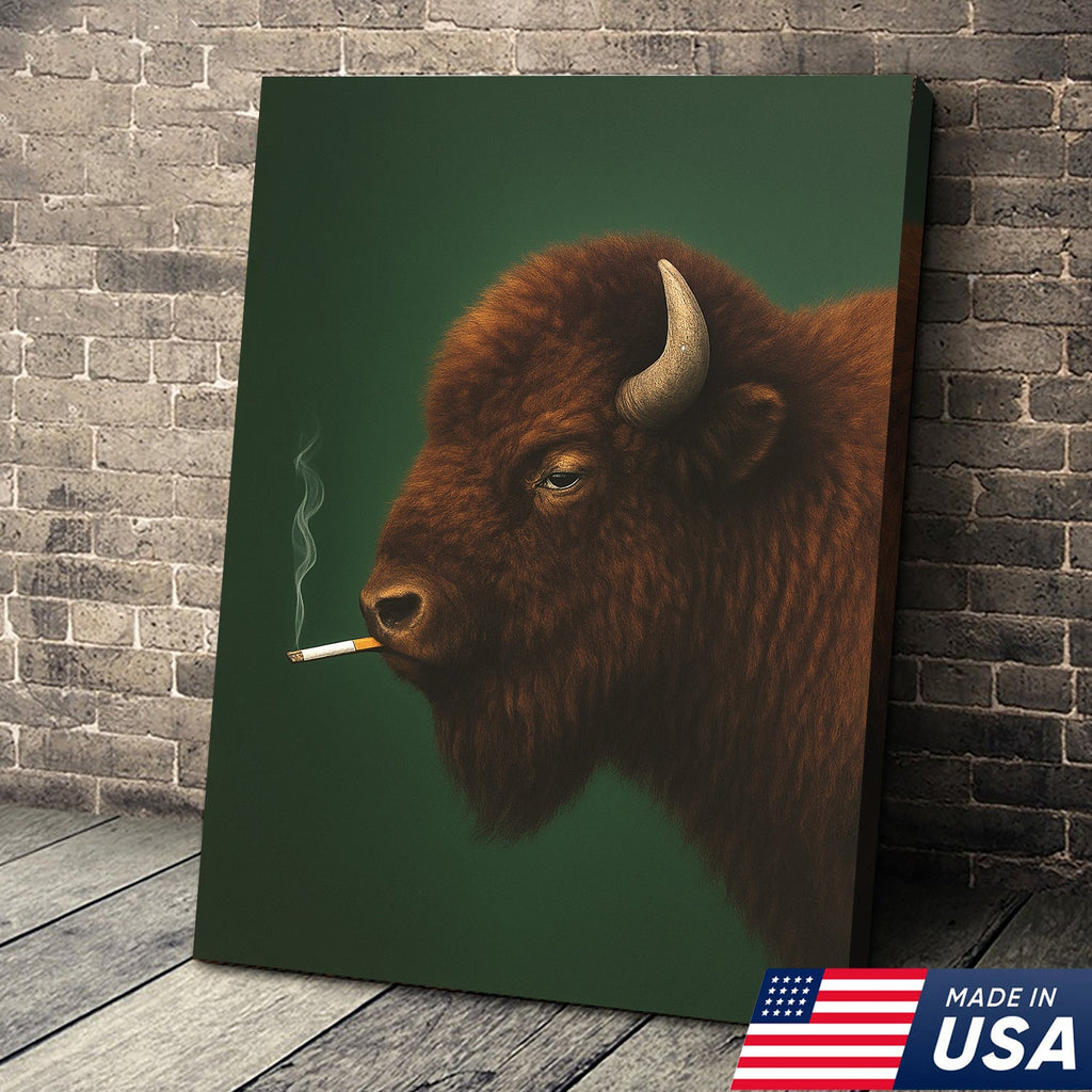 Bison Smoking Canvas Wall Art – Western Rustic Decor for Hunters & Cowboys