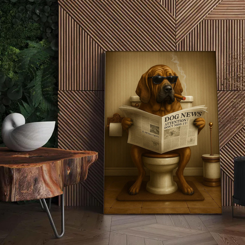 Funny Rustic Dog Bathroom Canvas – Bloodhound Smoking Reading ‘Dog News’ - Hunting Cabin Decor
