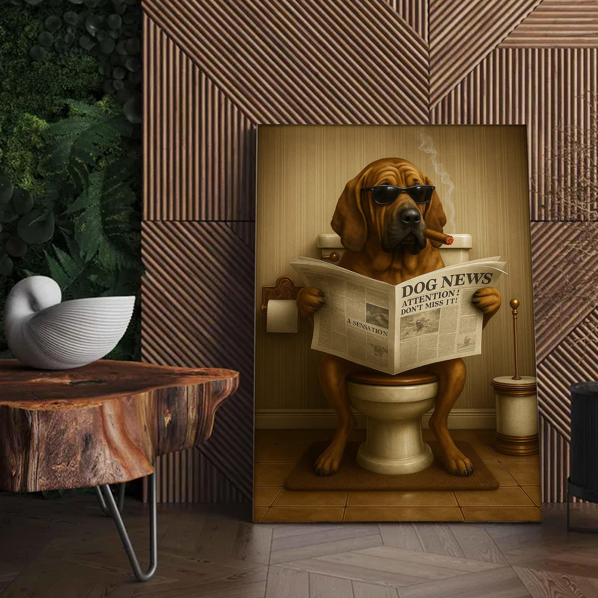 Funny Rustic Dog Bathroom Canvas – Bloodhound Smoking Reading ‘Dog News’ - Hunting Cabin Decor