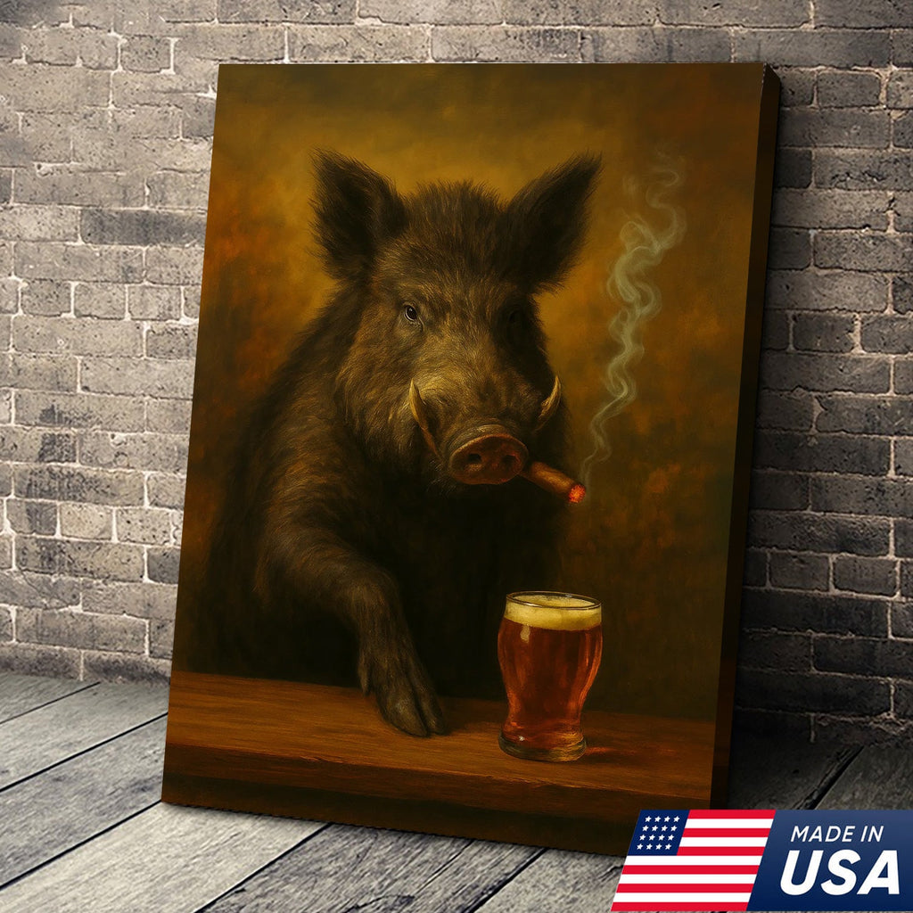 Funny Wild Boar Smoking with Cocktail Glasses Canvas – Rustic Hunting Lodge Wall Art