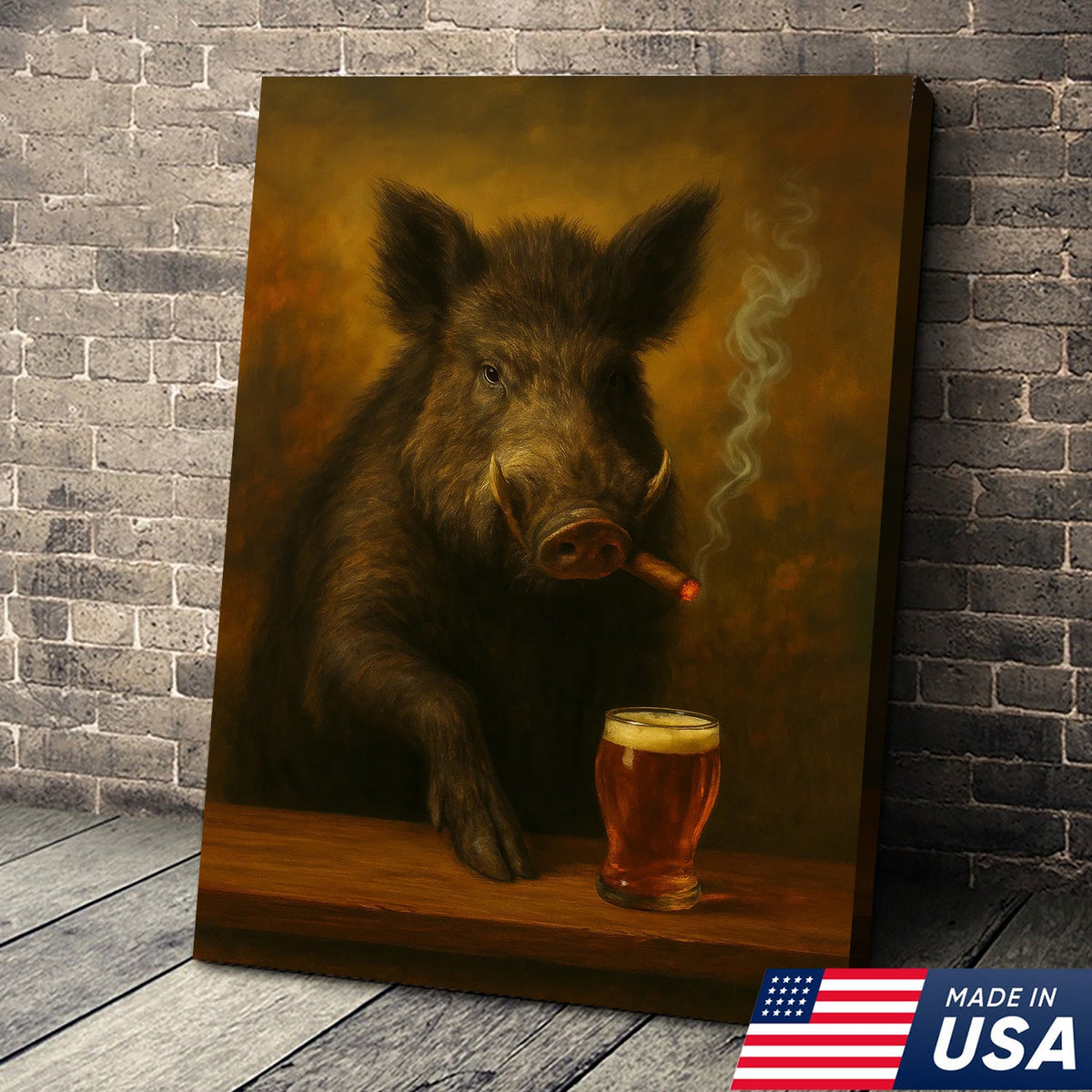Funny Wild Boar Smoking with Cocktail Glasses Canvas – Rustic Hunting Lodge Wall Art