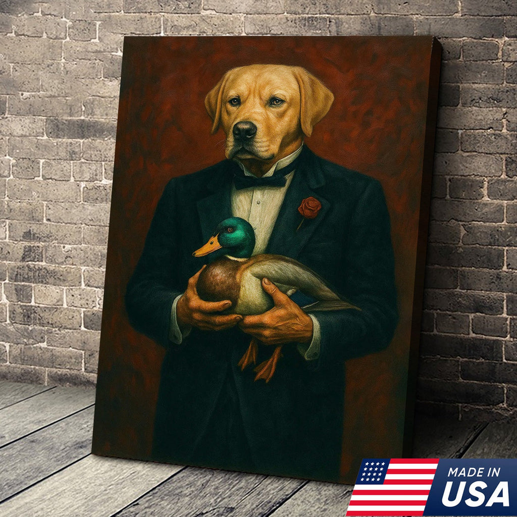 Yellow Labrador Retriever Canvas Wall Art – Distinguished Dog in Tuxedo Holding Mallard Duck
