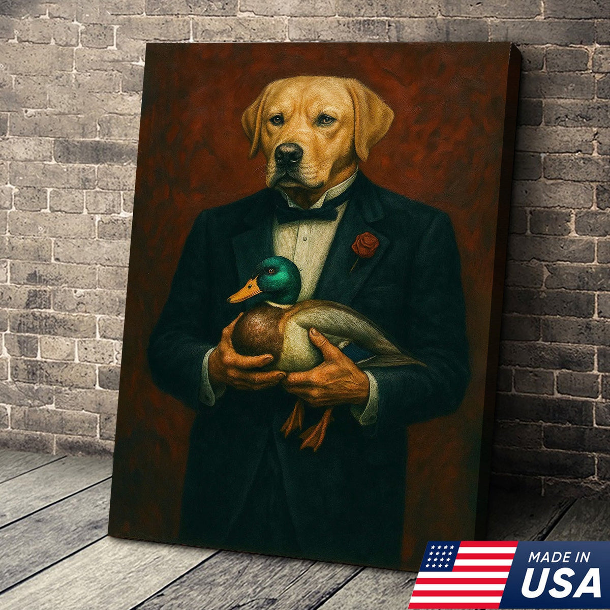 Yellow Labrador Retriever Canvas Wall Art – Distinguished Dog in Tuxedo Holding Mallard Duck