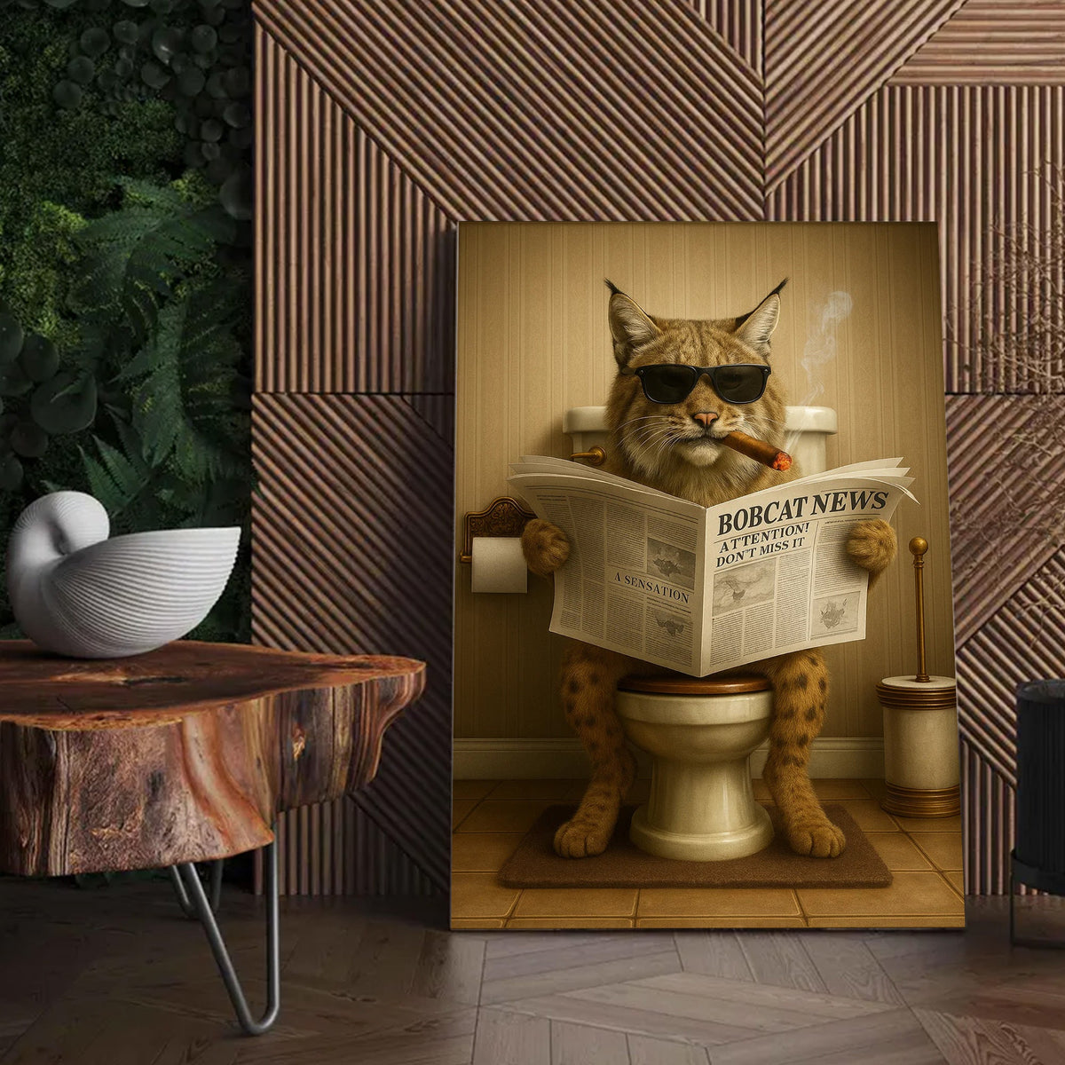 Funny Bobcat Bathroom Wall Art – Rustic Wildlife Decor for Men, Hunting Cabin Canvas