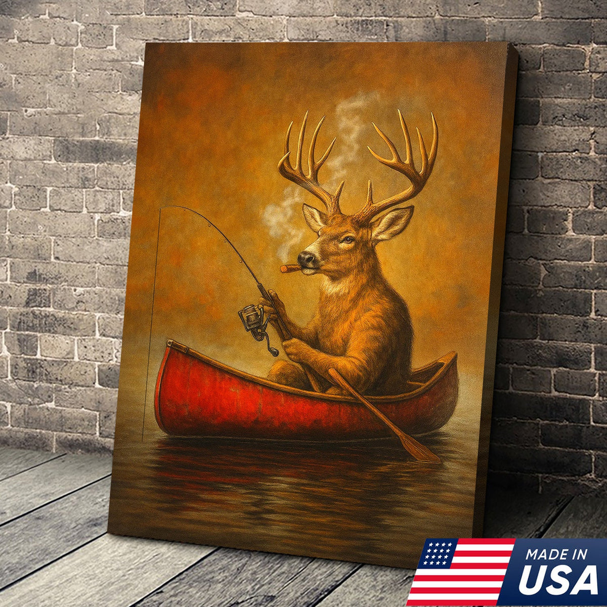 Funny Mule Deer Fishing Canvas Wall Art, Rustic Cabin & Lodge Decor for Hunters