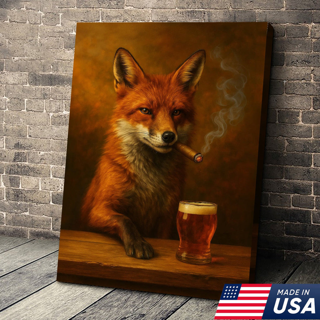 Funny Fox Smoking with Cocktail Glasses Canvas – Rustic Hunting Lodge Wall Art