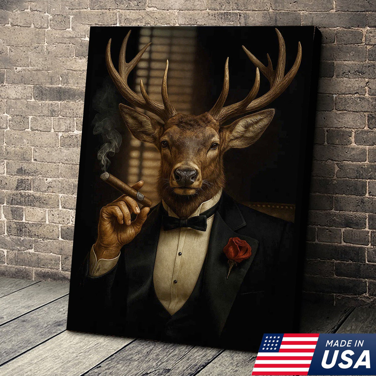Deer in Tuxedo Canvas Wall Art – Elegant Deer Portrait, Vintage Noir Animal Print