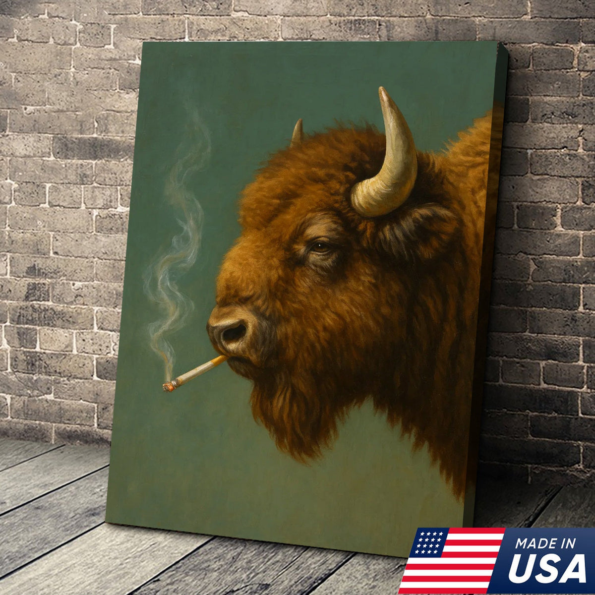 Buffalo Bison Smoking Canvas Wall Art – Rustic Western Cabin Decor for Hunters