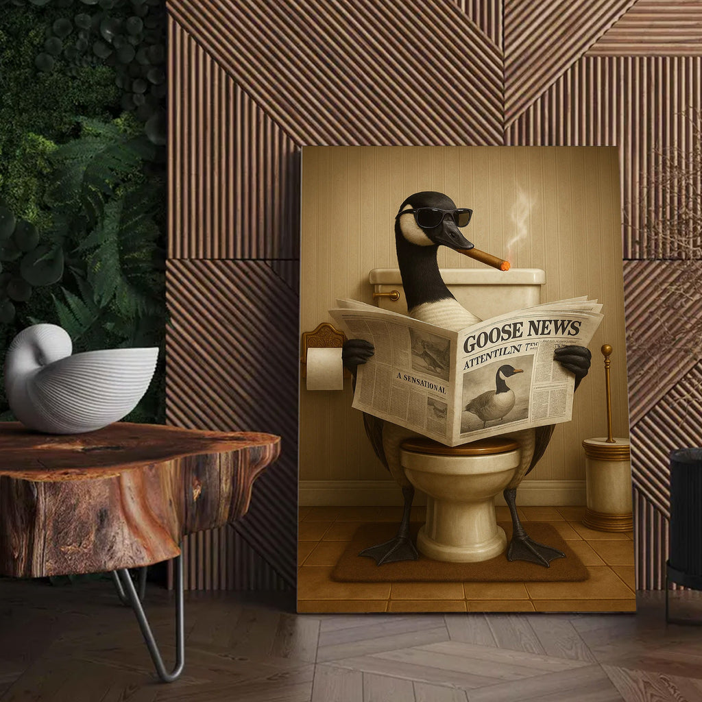 Funny Goose Read Newspaper Bathroom Canvas Wall Art – Hunting Wildlife Animal Canvas