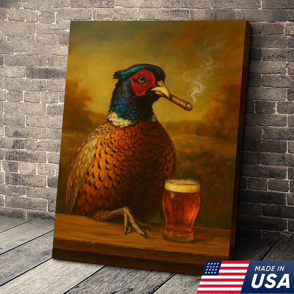 Pheasant With Smoking & Cocktail Glasses Canvas – Hunting Lodge Decor Perfect Gift for Hunters